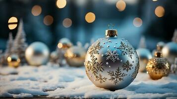 AI generated Christmas winter background with snow and blurred bokeh, copy space photo