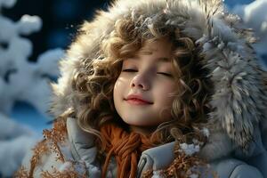 ai generado lado belleza retrato de hermosa niño, respiración profundo profundamente Fresco aire a invierno frío escarchado Nevado día con su ojos cerrado foto