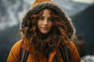 AI generated woman exploring the mountains around Innsbruck, winter season photo