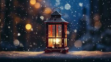 AI generated Christmas lantern on wooden table and snowfall photo