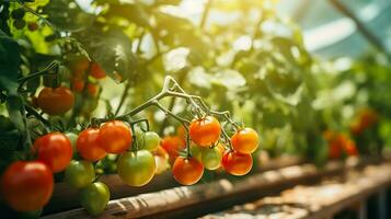 ai generado maduro tomate crecer en ramas en granja invernadero foto