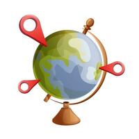 Vector Illustration isolated on white background. Red symbols geolocation with a globe. location map pointer. World globe map, geotag, map. Concept of travel, study geography or ecology care.