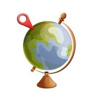 World globe map, geotag, map. Concept of travel, study geography or ecology care. Vector illustration isolated on white background. Colorful planet Earth globe cartoon style.