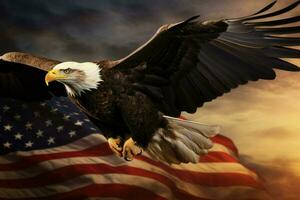 ai generado calvo águila volador con el americano bandera ai generado foto