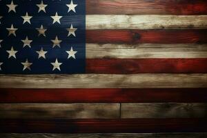 ai generado americano bandera en de madera antecedentes ai generado foto