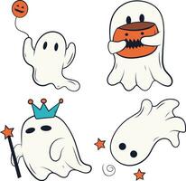 Retro Ghost Halloween Icon Set. With Cute Cartoon Design Style. Vector Illustration.