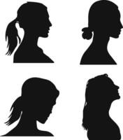 Set of Woman Head Silhouettes. With Different Hairstyle. Isolated On White Background. Vector Illustration.