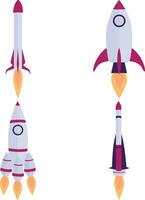 Set of Different Spaceship Rocket. With Flat Cartoon Design Style. Isolated Vector Icon.