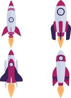 Set of Different Spaceship Rocket. With Flat Cartoon Design Style. Isolated Vector Icon.