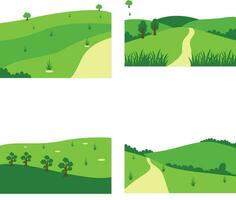 Set of Different Field Green Hills. In Aesthetic Design Concept. Vector Illustration.