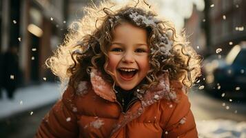 ai generado un linda bebé niña vistiendo un invierno Saco disfruta el invierno clima foto