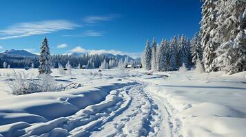 AI generated winter background of snow and frost with landscape photo