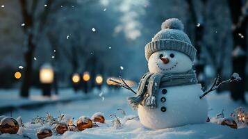 AI generated A festive snowman and winter forest view in background with snowing photo