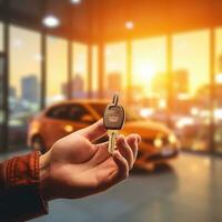 AI generated A man carried up smart car key, blurry car showroom in background, bright light in background photo