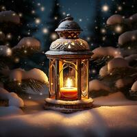 AI generated Christmas lantern on snow and snowfall photo
