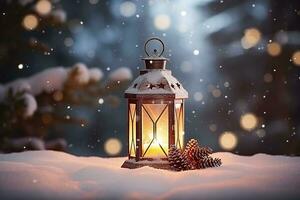 AI generated Christmas lantern on snow and snowfall photo