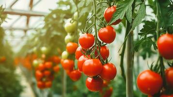 AI generated Ripe tomato grow on branches in farm greenhouse photo