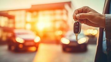 AI generated A man carried up smart car key, blurry car showroom in background, bright light in background photo