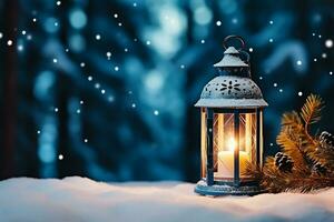 AI generated Christmas lantern on snow and snowfall photo