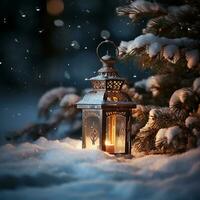 AI generated Christmas lantern on snow and snowfall photo