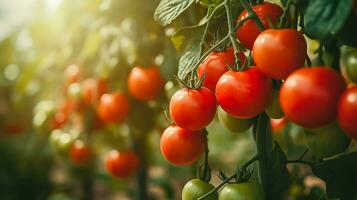 AI generated Ripe tomato grow on branches in farm greenhouse photo