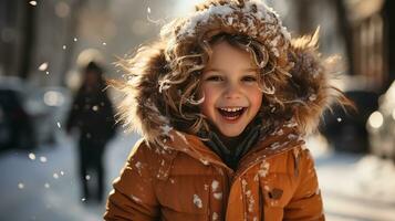 ai generado un linda bebé niña vistiendo un invierno Saco disfruta el invierno clima foto