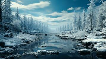 AI generated winter background of snow and frost with landscape photo