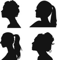 Set of Woman Head Silhouettes. With Different Hairstyle. Isolated On White Background. Vector Illustration.