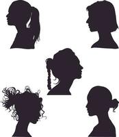 Woman Head Silhouette Set. With Flat Design. Isolated Black Vector Illustration.