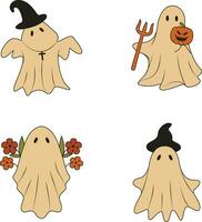 Retro Ghost Halloween Illustration Set. With Spooky Cartoon Design Style. Isolated Vector Icon.