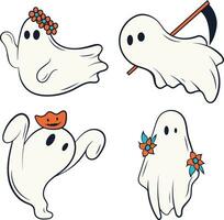 Retro Ghost Halloween Icon Set. With Cute Cartoon Design Style. Vector Illustration.