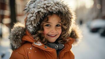 ai generado un linda bebé niña vistiendo un invierno Saco disfruta el invierno clima foto