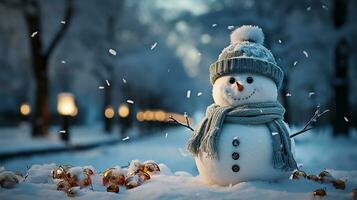 AI generated A festive snowman and winter forest view in background with snowing photo