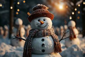AI generated A festive snowman and winter forest view in background with snowing photo