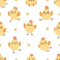 Seamless vector pattern. Cute chickens in different poses. Butterflies and pattern for Easter day