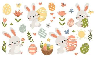Set of flat vector illustrations for Easter day. Cute bunnies with Easter eggs, Easter basket and spring flowers