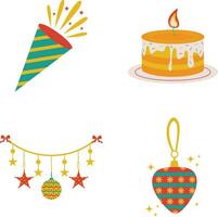 New Year Retro Decoration With Flat Cartoon Design. Isolated On White Background. Vector Icon Set.