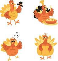 Thanksgiving Turkey Icon Collection. With Cute Cartoon Design. Isolated Vector Illustration.