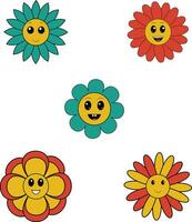 Collection of Groovy Flowers Retro. With Colorful Cartoon Design. Isolated Vector Icon.