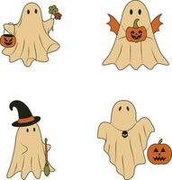 Retro Ghost Halloween Illustration Set. With Spooky Cartoon Design Style. Isolated Vector Icon.
