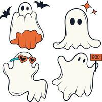 Retro Ghost Halloween Icon Set. With Cute Cartoon Design Style. Vector Illustration.