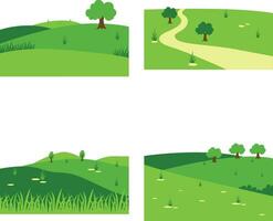 Set of Different Field Green Hills. In Aesthetic Design Concept. Vector Illustration.