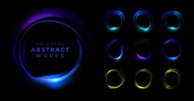 Colorful abstract waves isolated on black background. Neon glowing circles. Vector illustration with round fluorescent frame. Freezelight. Music concept, equalizer.