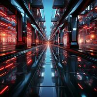AI generated Futuristic Background. Metallic surface with neon accents and futuristic patterns. Created with Generative AI photo