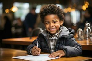 AI generated african american boy writing in a notebook in a school classroom. concept education, photo