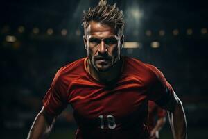 AI generated close-up of soccer player in action with red jersey in soccer stadium. photo