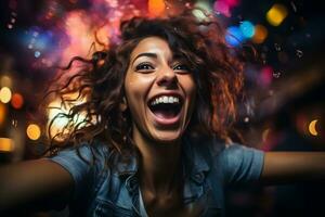 ai generado contento joven mujer tomando selfie en el ciudad a noche fiesta. ai generado foto