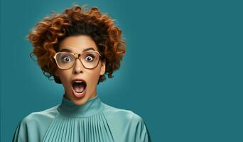 AI generated Surprised african american woman in eyeglasses on blue background. photo