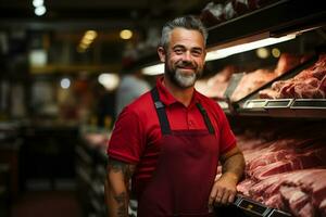 AI generated Portrait of a confident butcher standing in a meat store and smiling at the camera. photo