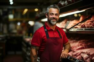 ai generado retrato de un confidente Carnicero en pie en un carne Tienda y sonriente a el cámara. foto